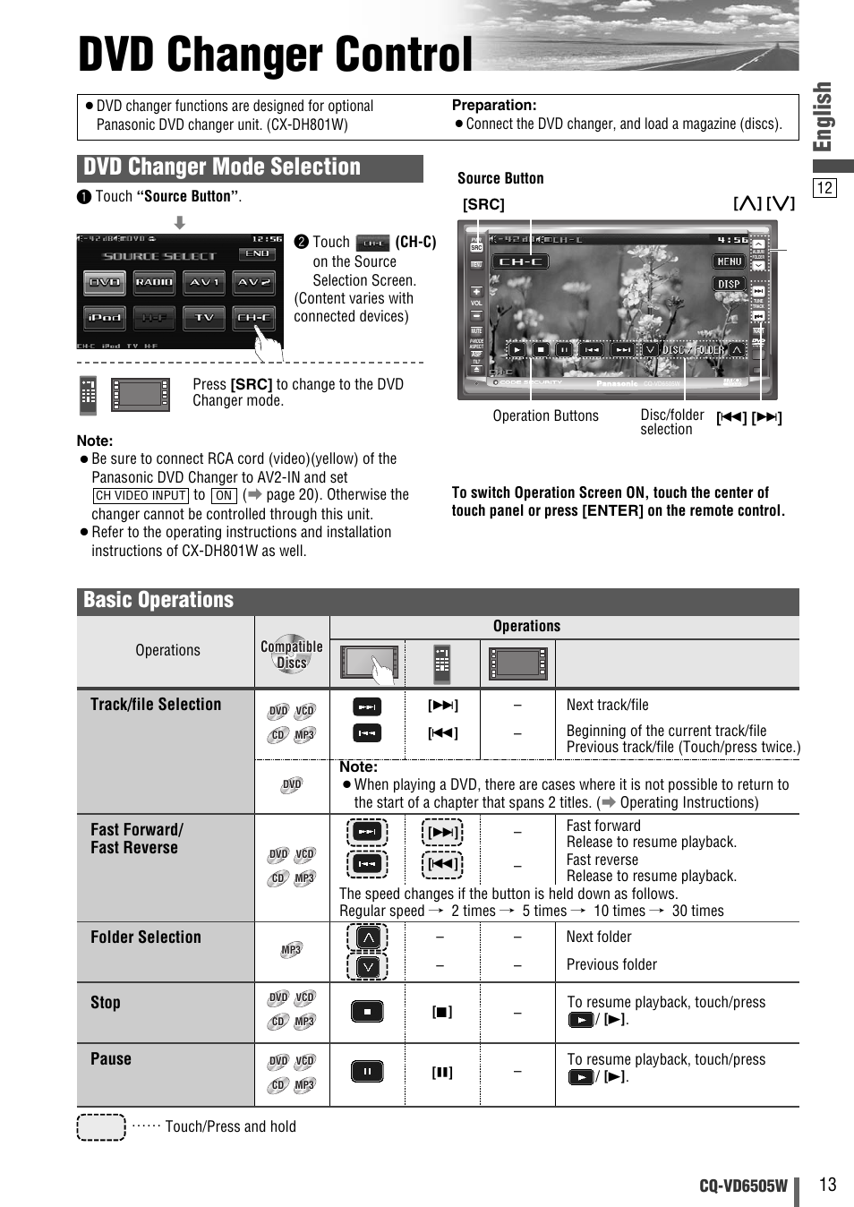 Dvd changer control, English, Dvd changer mode selection | Basic operations, Cq-vd6505w, Track/file selection fast forward/ fast reverse, Folder selection, Stop, Pause | Panasonic CQ-VD6505W User Manual | Page 83 / 94