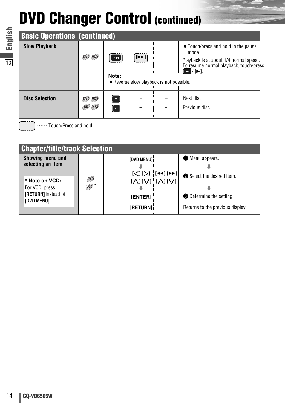 Dvd changer control, Continued), English | Basic operations (continued), Chapter/title/track selection | Panasonic CQ-VD6505W User Manual | Page 84 / 94