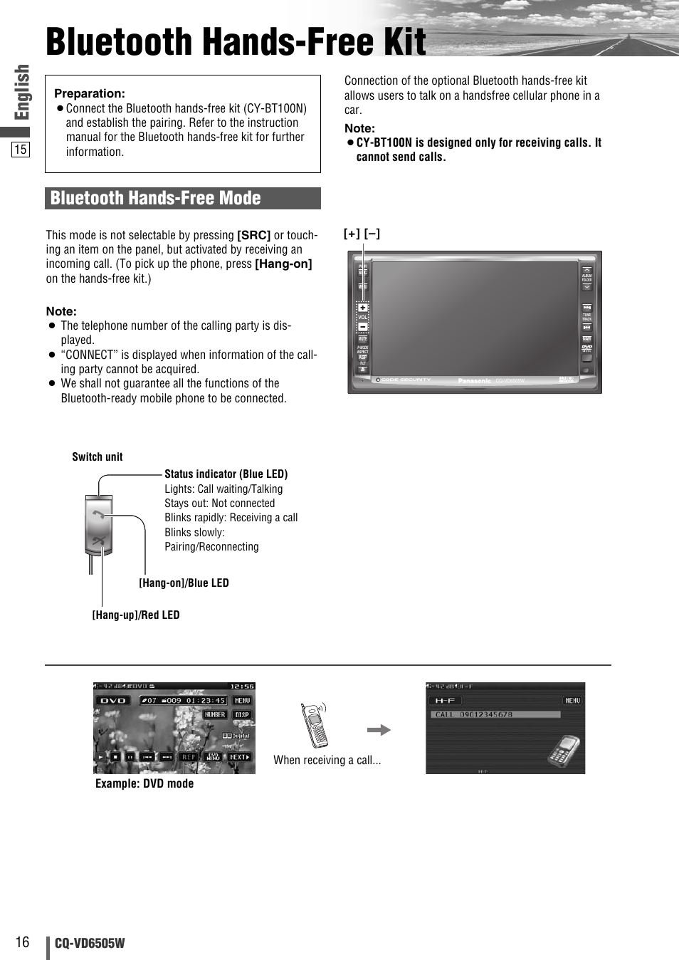 Bluetooth hands-free kit, English, Bluetooth hands-free mode | Cq-vd6505w | Panasonic CQ-VD6505W User Manual | Page 86 / 94