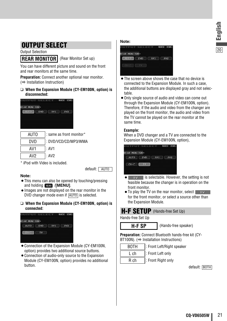 Output select, H-f setup, English | Rear monitor, H-f sp | Panasonic CQ-VD6505W User Manual | Page 91 / 94