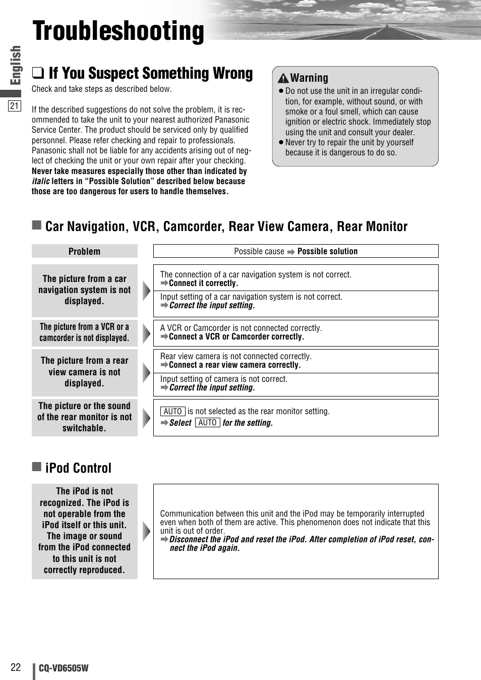 Troubleshooting, If you suspect something wrong, English | Ipod control | Panasonic CQ-VD6505W User Manual | Page 92 / 94