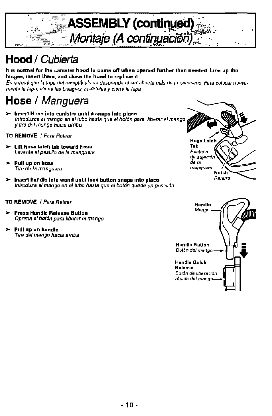 Assembly (corrtim^), 1шпш^е (a contínuáciimi), Hood / cubierta | Hose / manguera, Da sujeaan | Panasonic MC-V9628 User Manual | Page 10 / 28