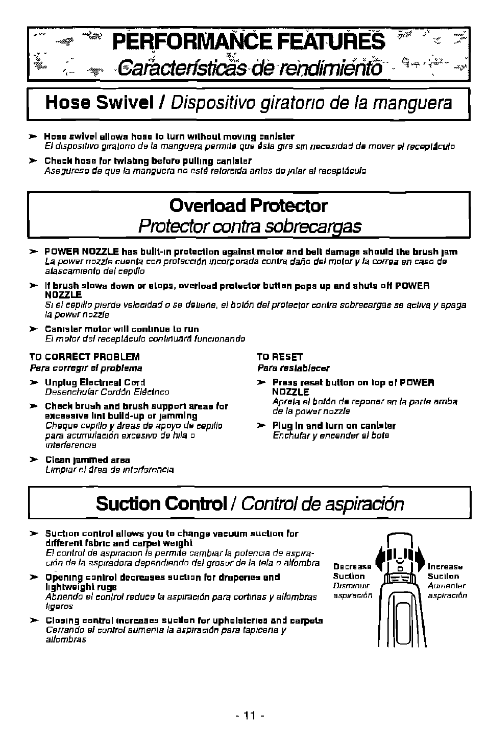 Pèrf0rm/№e features, Overload protector, Gaéctenstkèsdereadimiérìto | Hose swivel / dispositivo giratorio de la manguera, Suction control / control de aspiración, Ecrsash | Panasonic MC-V9628 User Manual | Page 11 / 28