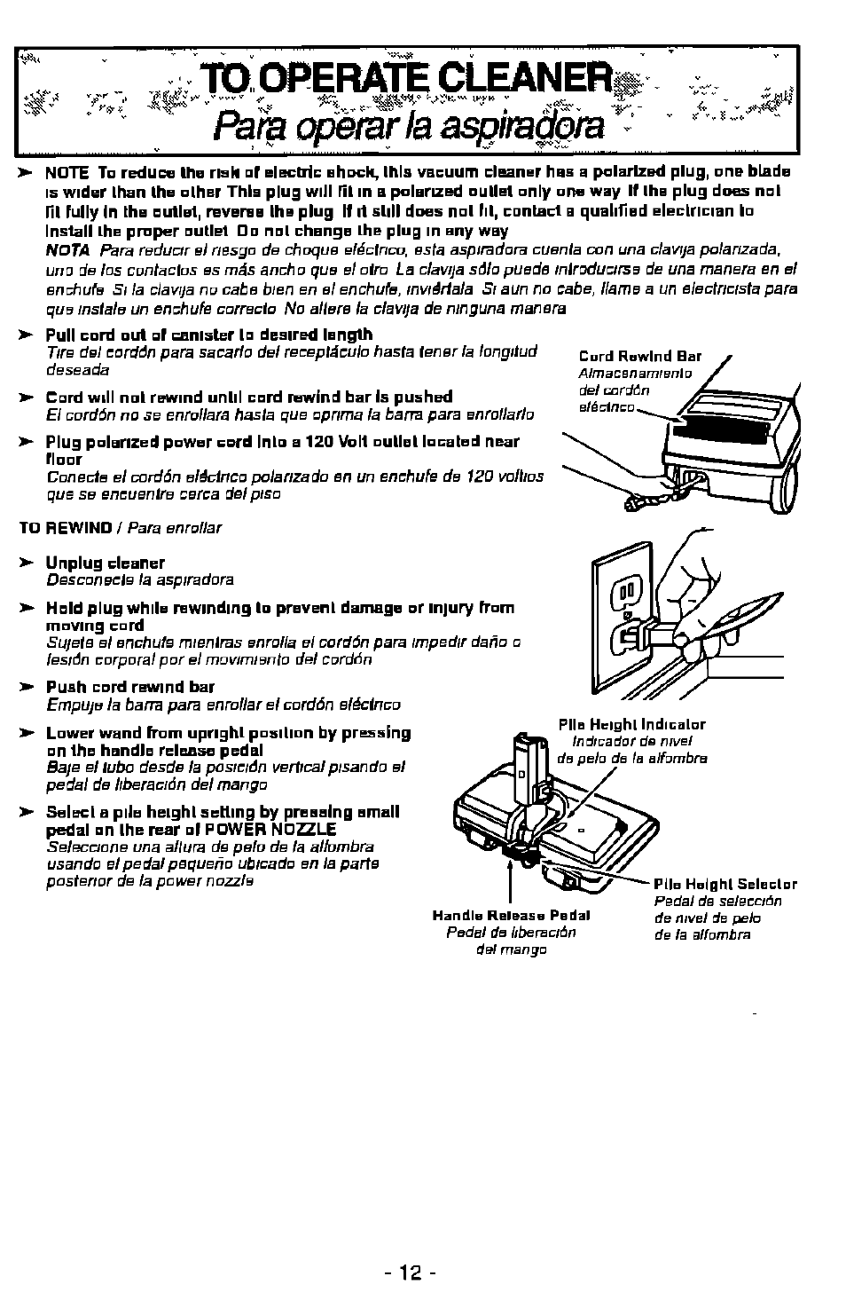 Opeibr la aspimaoib, Td operate cleaneri | Panasonic MC-V9628 User Manual | Page 12 / 28