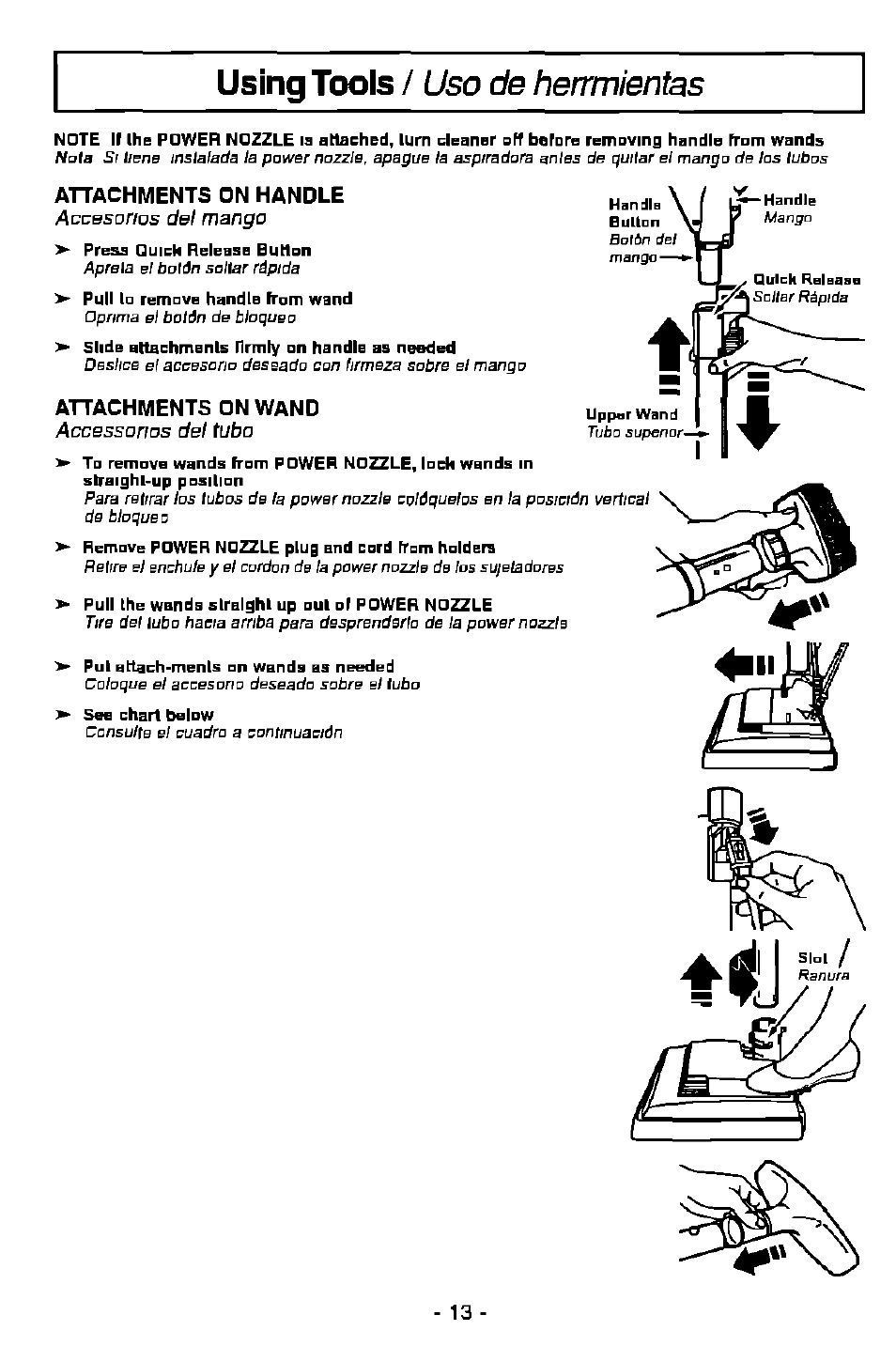 Using tools / uso de henrnientas, Accesorios del mango, Accbssarios del tubo | Attachments on handle, Attachments on wand | Panasonic MC-V9628 User Manual | Page 13 / 28