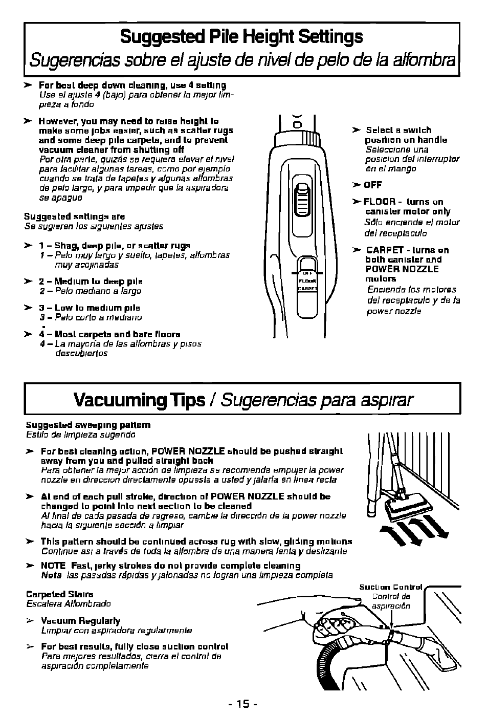 Suggested pile height settings | Panasonic MC-V9628 User Manual | Page 15 / 28