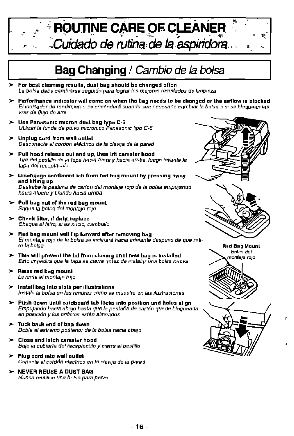 Routine care of cleaner, Cuidado de rutìna de la ^pirìdom, Bag changing / cambio de la bolsa | Panasonic MC-V9628 User Manual | Page 16 / 28