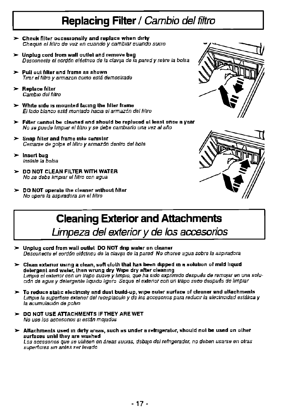 Replacing filter / cambio del filtro, Cleaning exterior and attachments, Replacing filter | Cambio del filtro | Panasonic MC-V9628 User Manual | Page 17 / 28