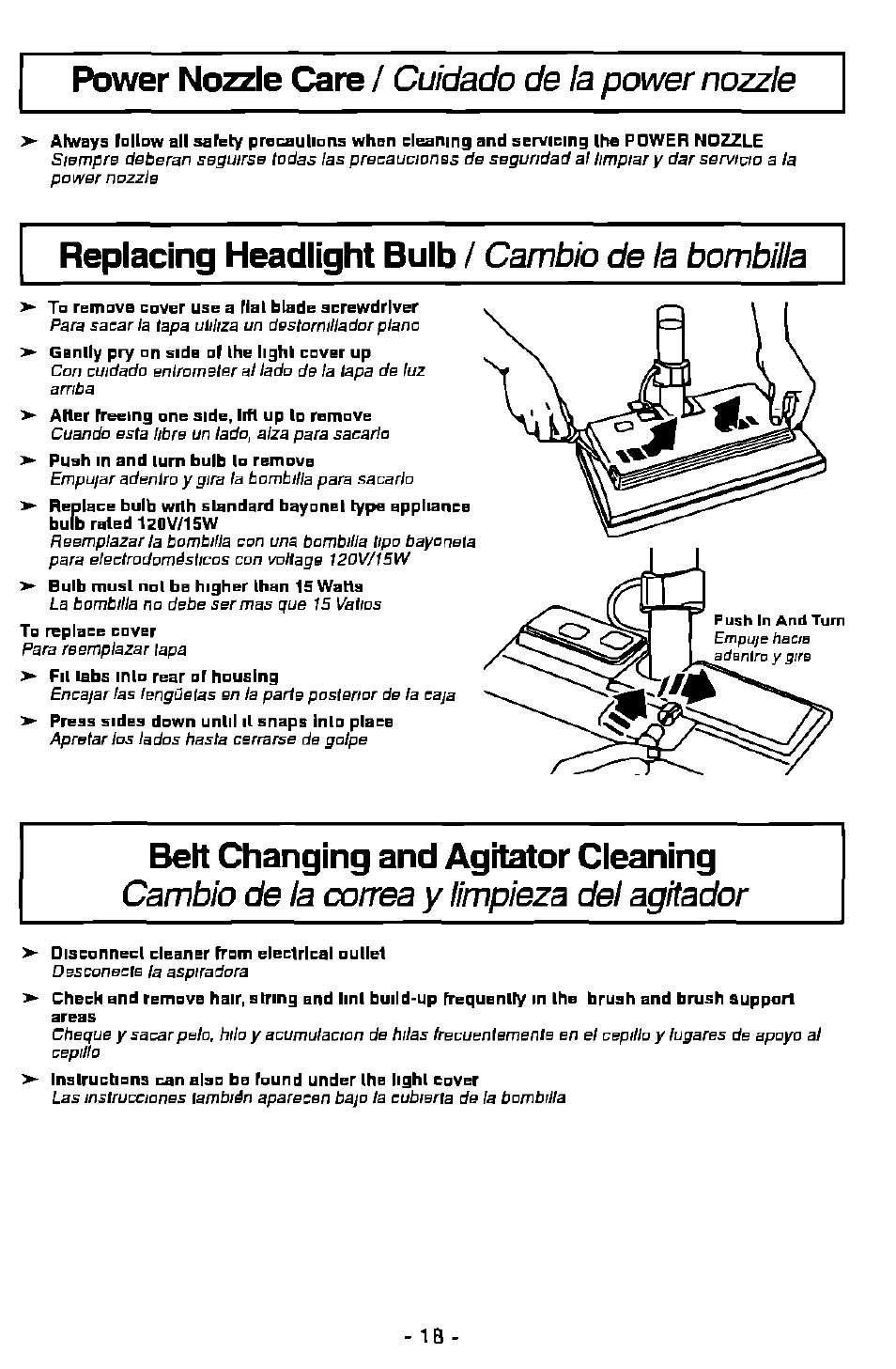 Replacing headlight bulb / cambio de la bombilla, Belt changing and agitator cleaning, Replacing headlight bulb | Cambio de la bombilla, Power nozzle care / cuidado de la power nozzle | Panasonic MC-V9628 User Manual | Page 18 / 28