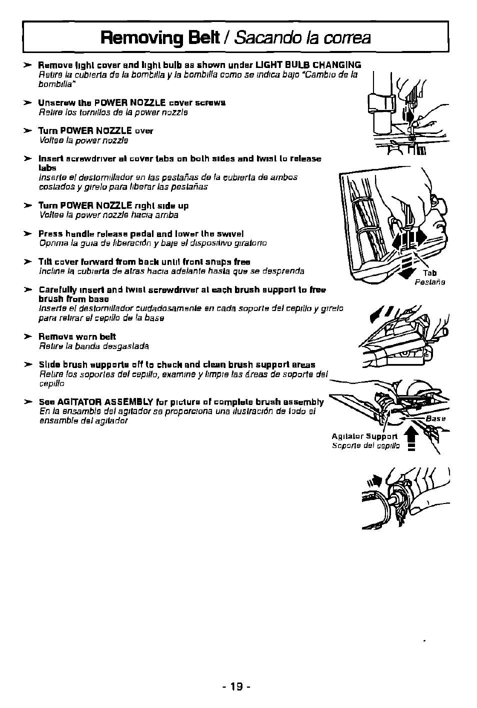 Removing belt / sacando la correa, Base | Panasonic MC-V9628 User Manual | Page 19 / 28