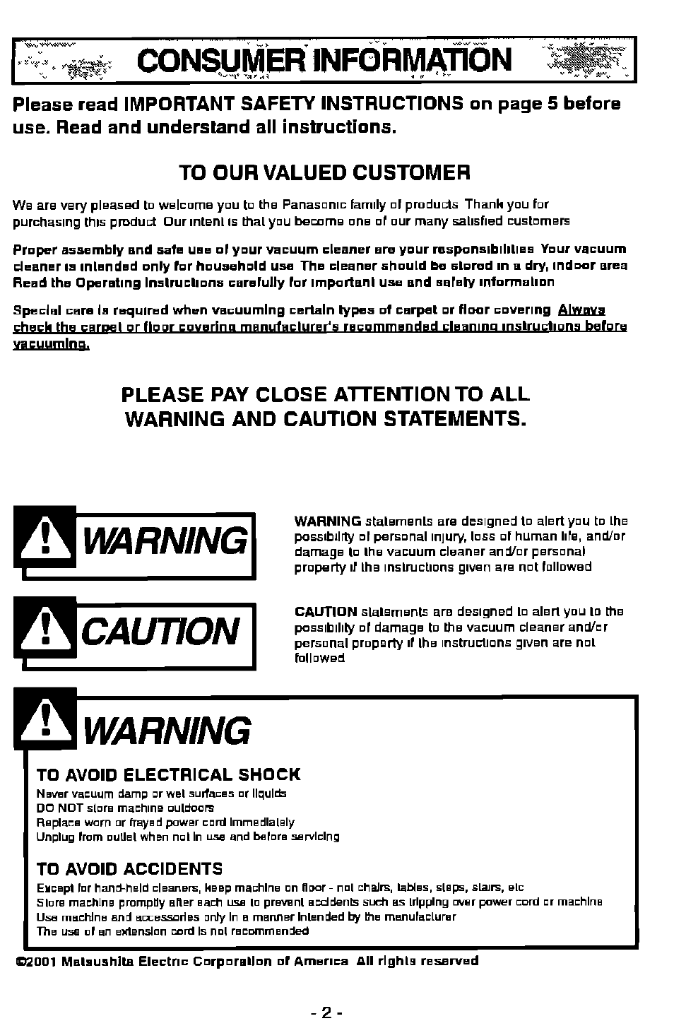 Consumer infòrmafìòn, To our valued customer, Warning | Acaution | Panasonic MC-V9628 User Manual | Page 2 / 28