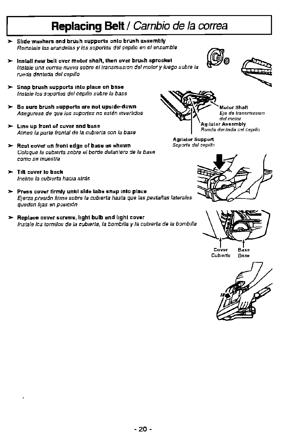 Replacing belt / cambio de la correa | Panasonic MC-V9628 User Manual | Page 20 / 28