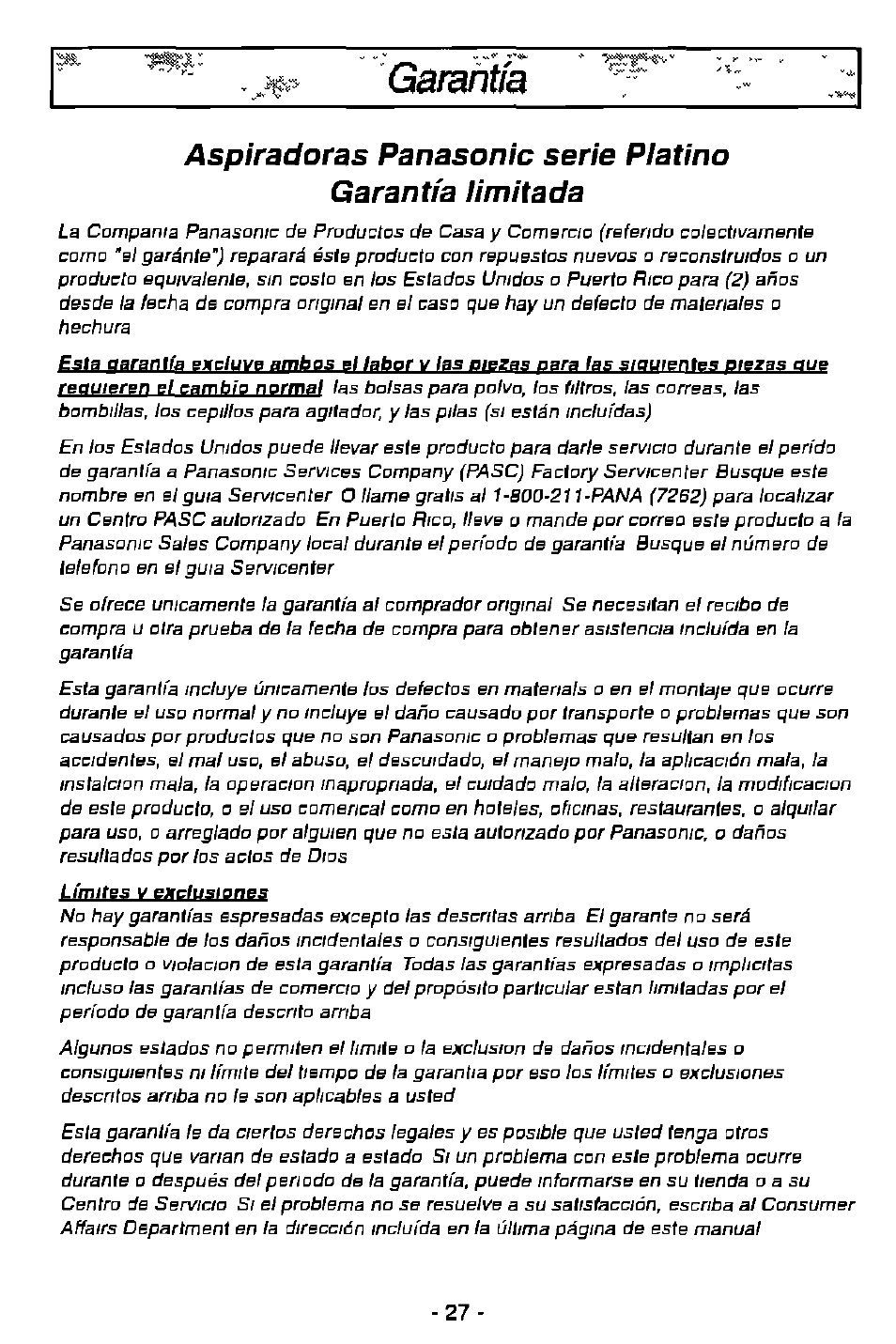 Garantía | Panasonic MC-V9628 User Manual | Page 27 / 28