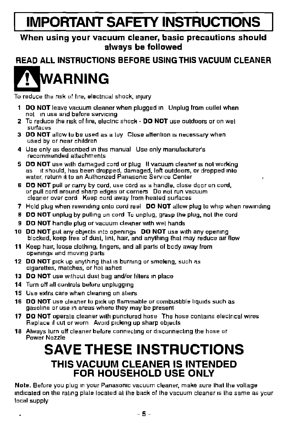 Important safety instructions, Always be followed, Warning | Save these instructions | Panasonic MC-V9628 User Manual | Page 5 / 28