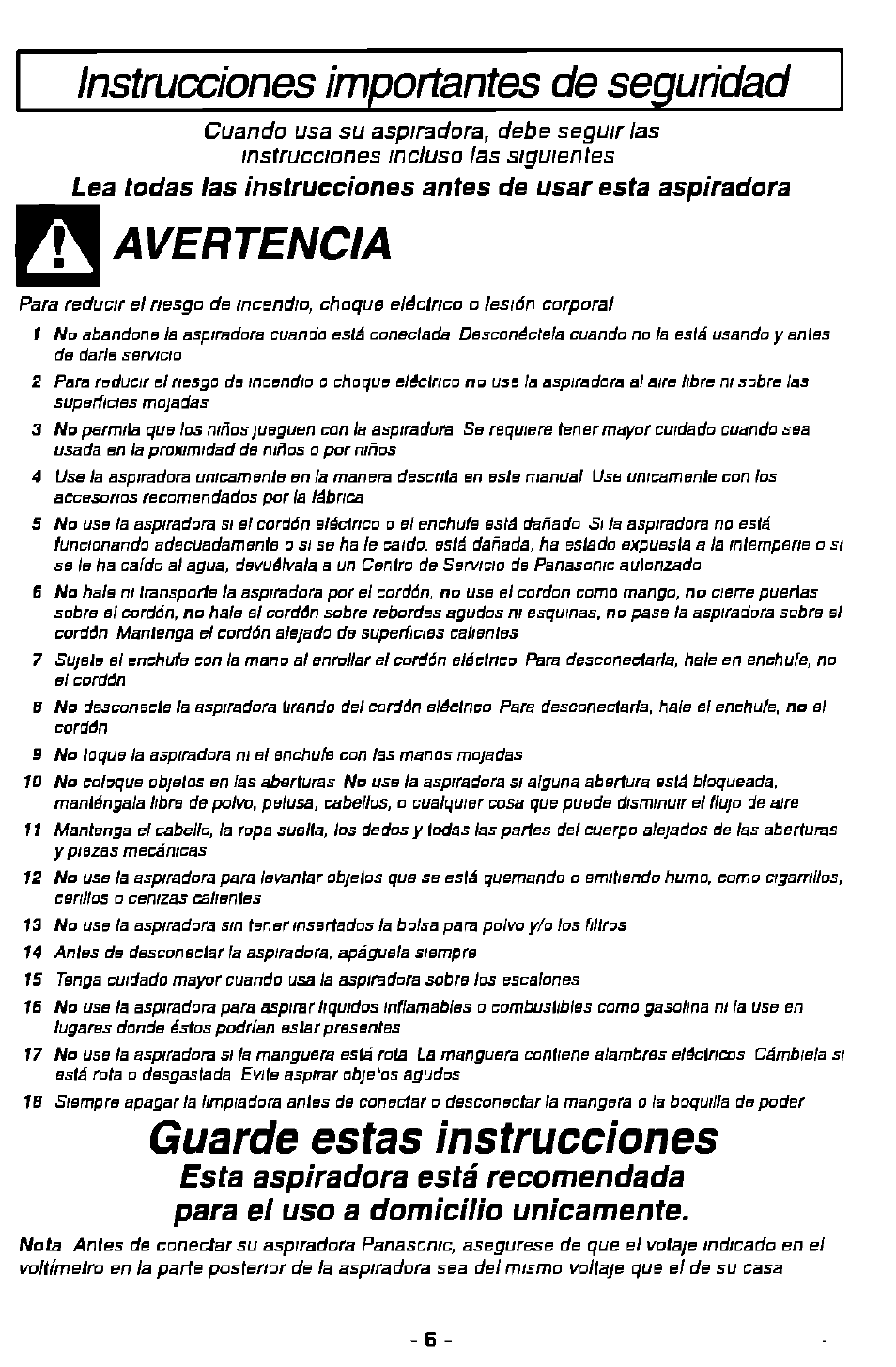 Instruœiones importantes de seguridad, Avertencia, Guarde estas instrucciones | Panasonic MC-V9628 User Manual | Page 6 / 28