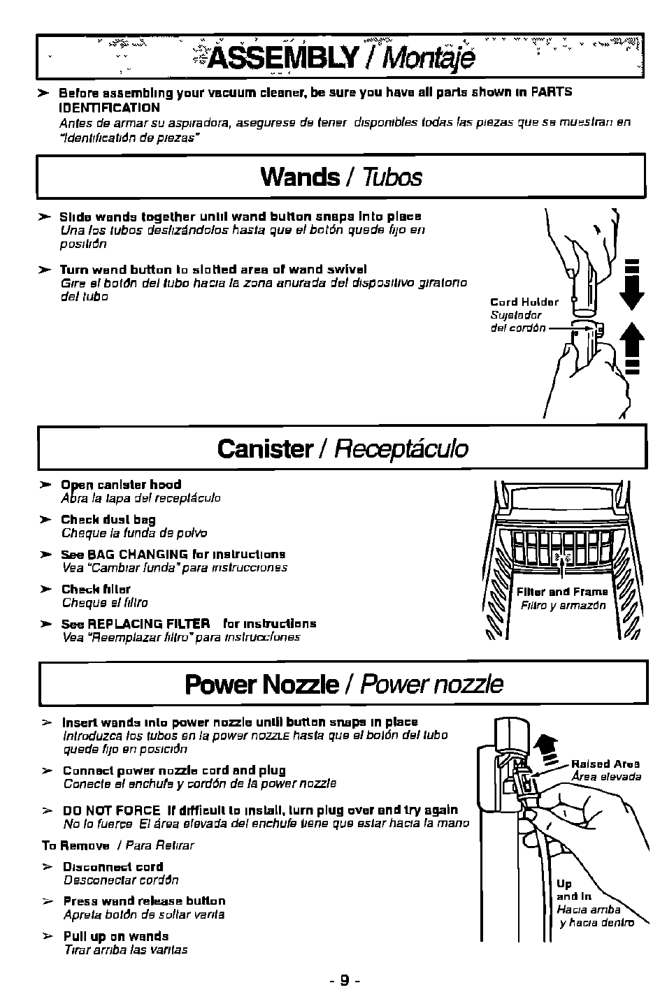 Assembly/monf^é, Wands / tubos, Canister / receptáculo | Power nozzle / power nozzle, Assembly, Montaje, Wands, Tubos, Power nozzle | Panasonic MC-V9628 User Manual | Page 9 / 28