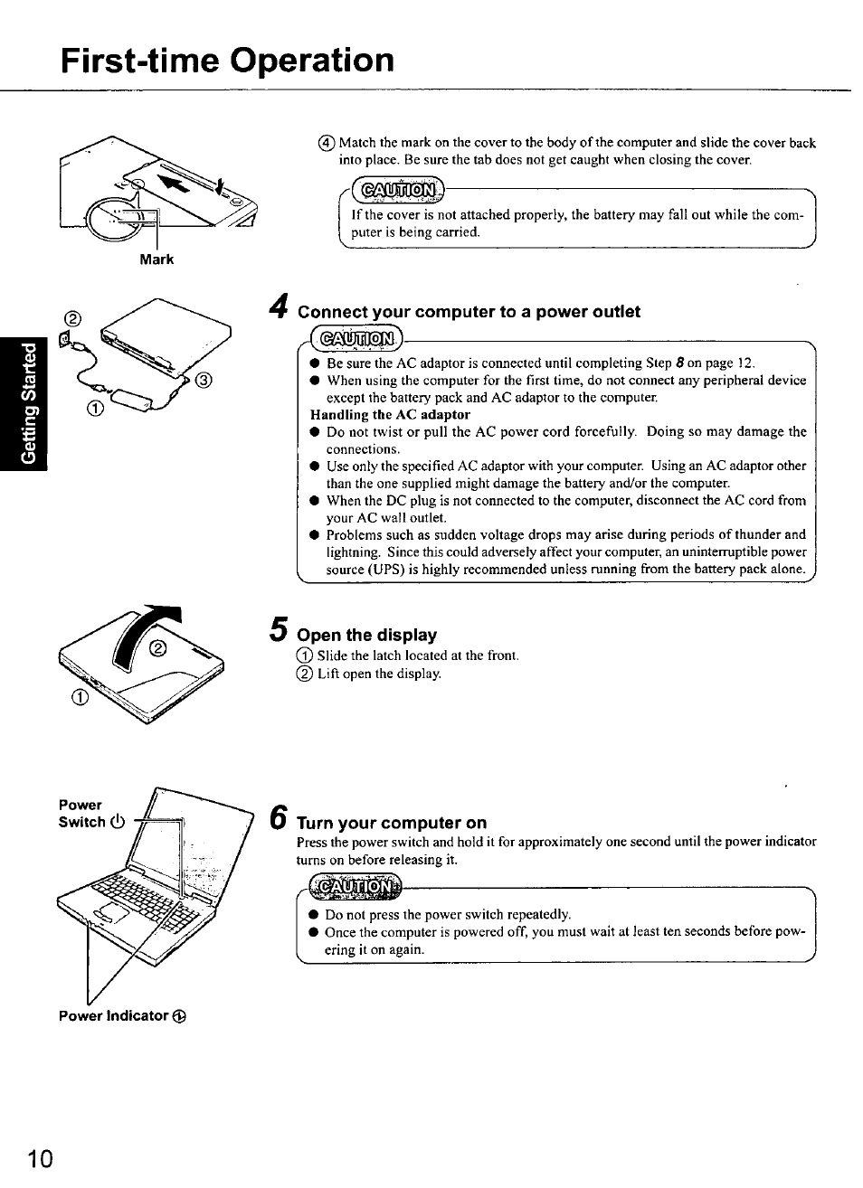 Connect your computer to a power outlet, Open the display, Turn your computer on | First-time operation | Panasonic TOUGHBOOK CF-50 User Manual | Page 10 / 40