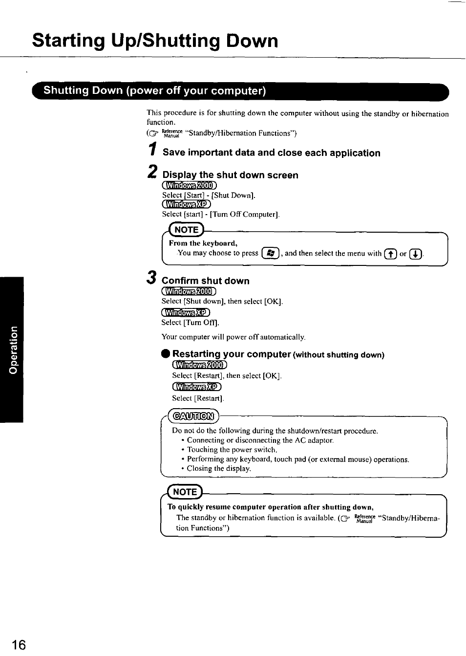 Shutting down (power off your computer), Confirm shut down, Iwindows^xrl | Restarting your computer (without shutting down), Starting up/shutting down | Panasonic TOUGHBOOK CF-50 User Manual | Page 16 / 40