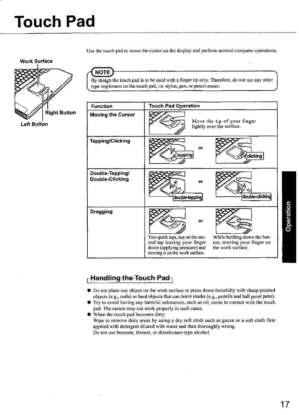 Touch pad, Work surface, Right button left button | Function, Moving the cursor, Tapping/clicking, Double-tapping, Double-clicking, Dragging, Touch pad operation | Panasonic TOUGHBOOK CF-50 User Manual | Page 17 / 40