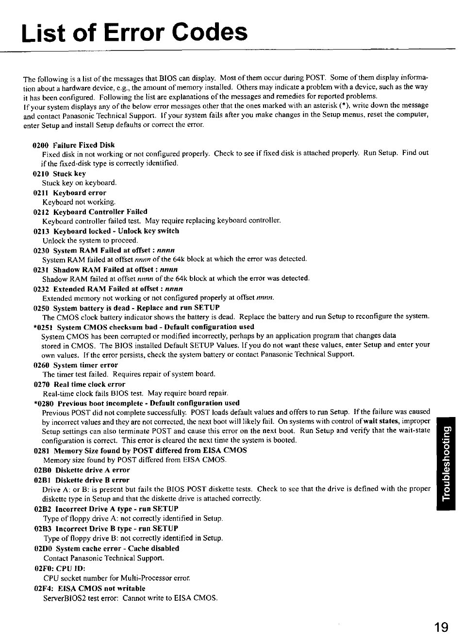 List of error codes, 0200 failure fixed disk, 02b2 incorrect drive a type - run setup | 02b3 incorrect drive b type - run setup, 02f0; cpu id, 02f4: eisa cmos not writable | Panasonic TOUGHBOOK CF-50 User Manual | Page 19 / 40