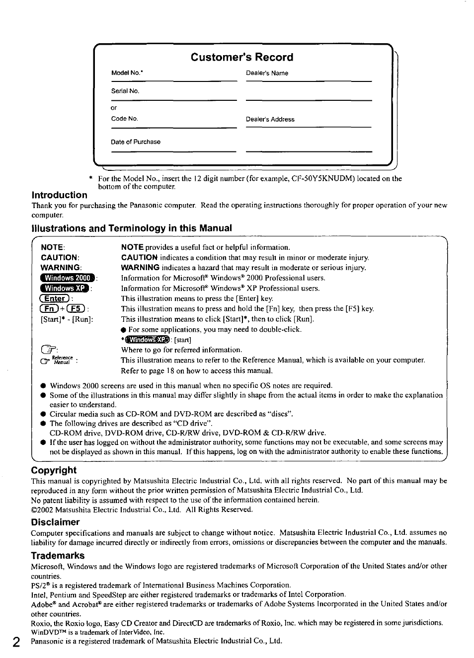 Introduction, Illustrations and terminology in this manual, Note | Caution, Warning, C enter j, Copyright, Disclaimer, Trademarks, Customer's record | Panasonic TOUGHBOOK CF-50 User Manual | Page 2 / 40