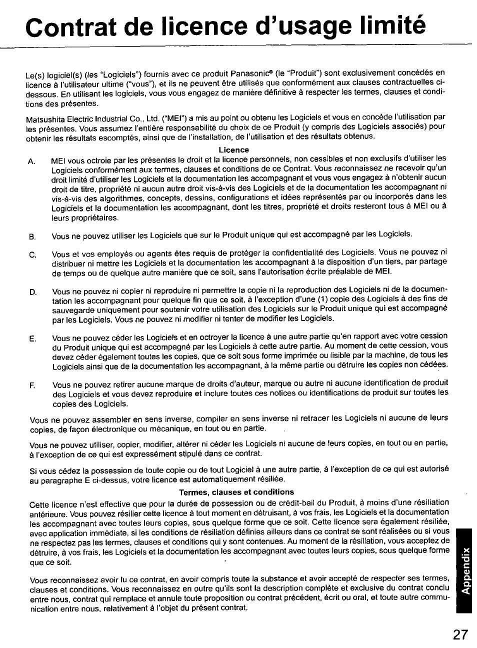 Licence, Contrat de licence d’usage limité | Panasonic TOUGHBOOK CF-50 User Manual | Page 27 / 40
