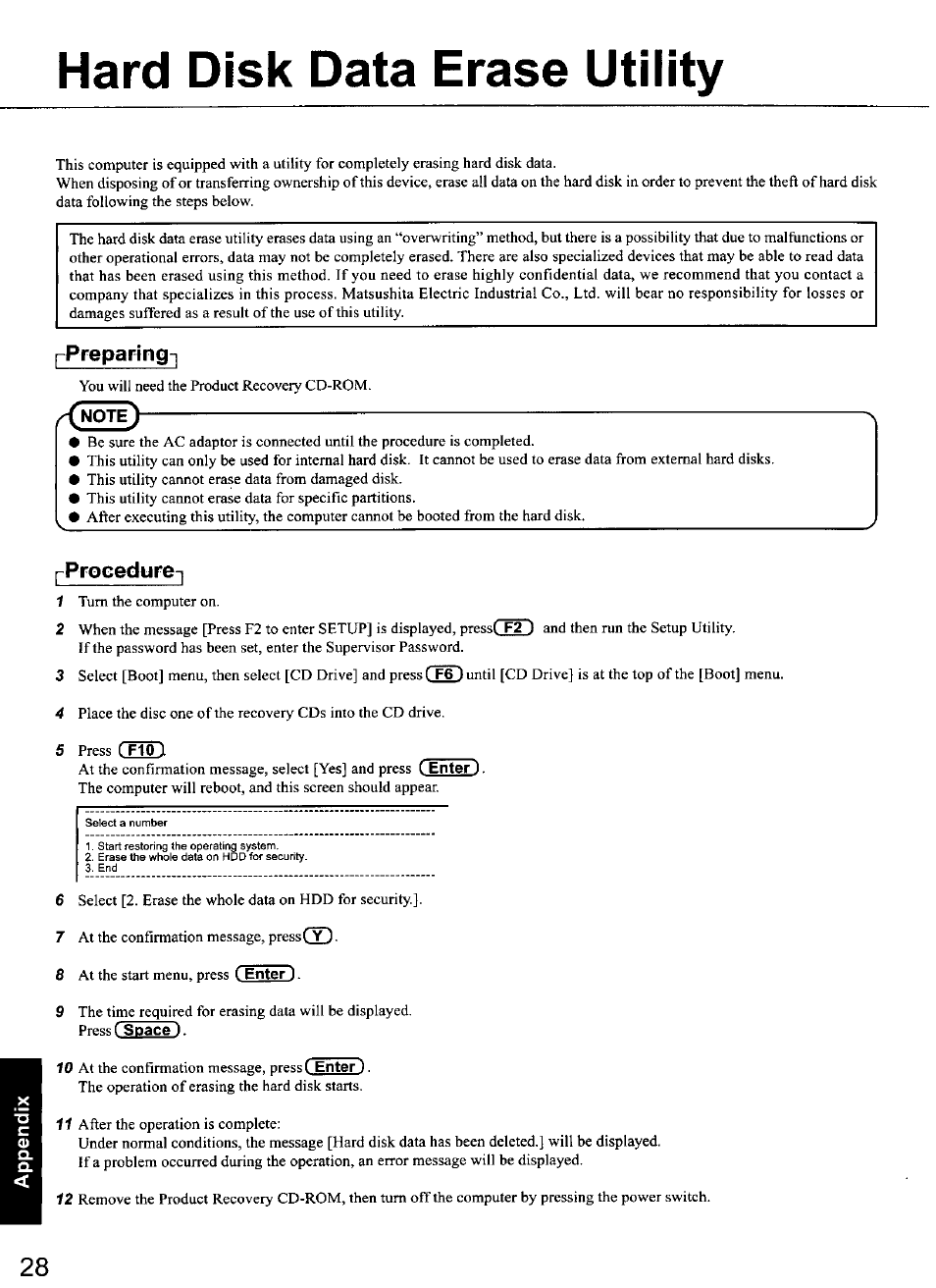 Hard disk data erase utility, Ppreparing, Rprocedure-j | 5 press c f10 i | Panasonic TOUGHBOOK CF-50 User Manual | Page 28 / 40