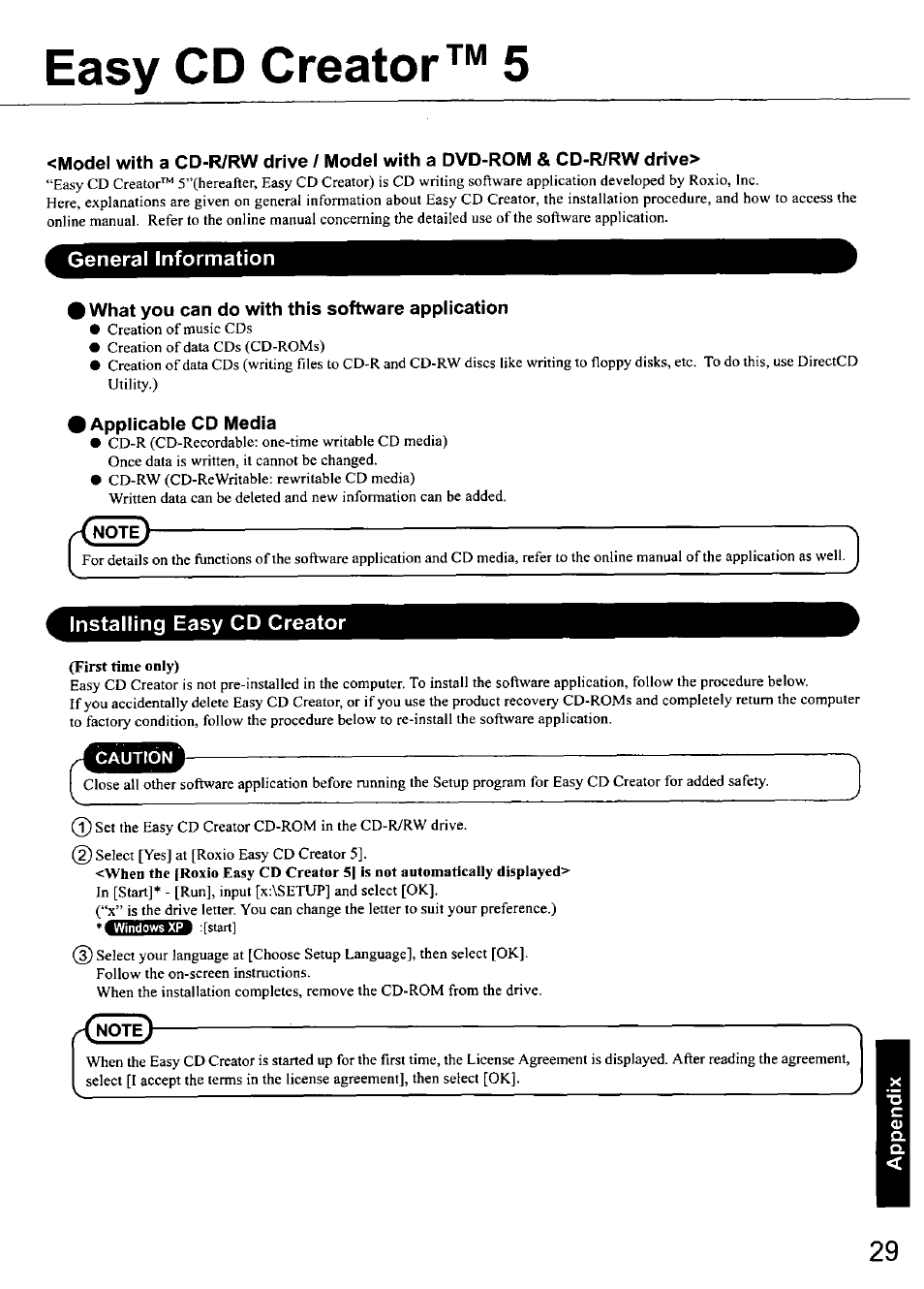 General information, What you can do with this software application, Applicable cd media | Installing easy cd creator, First time only), Easy cd creator™ 5 | Panasonic TOUGHBOOK CF-50 User Manual | Page 29 / 40