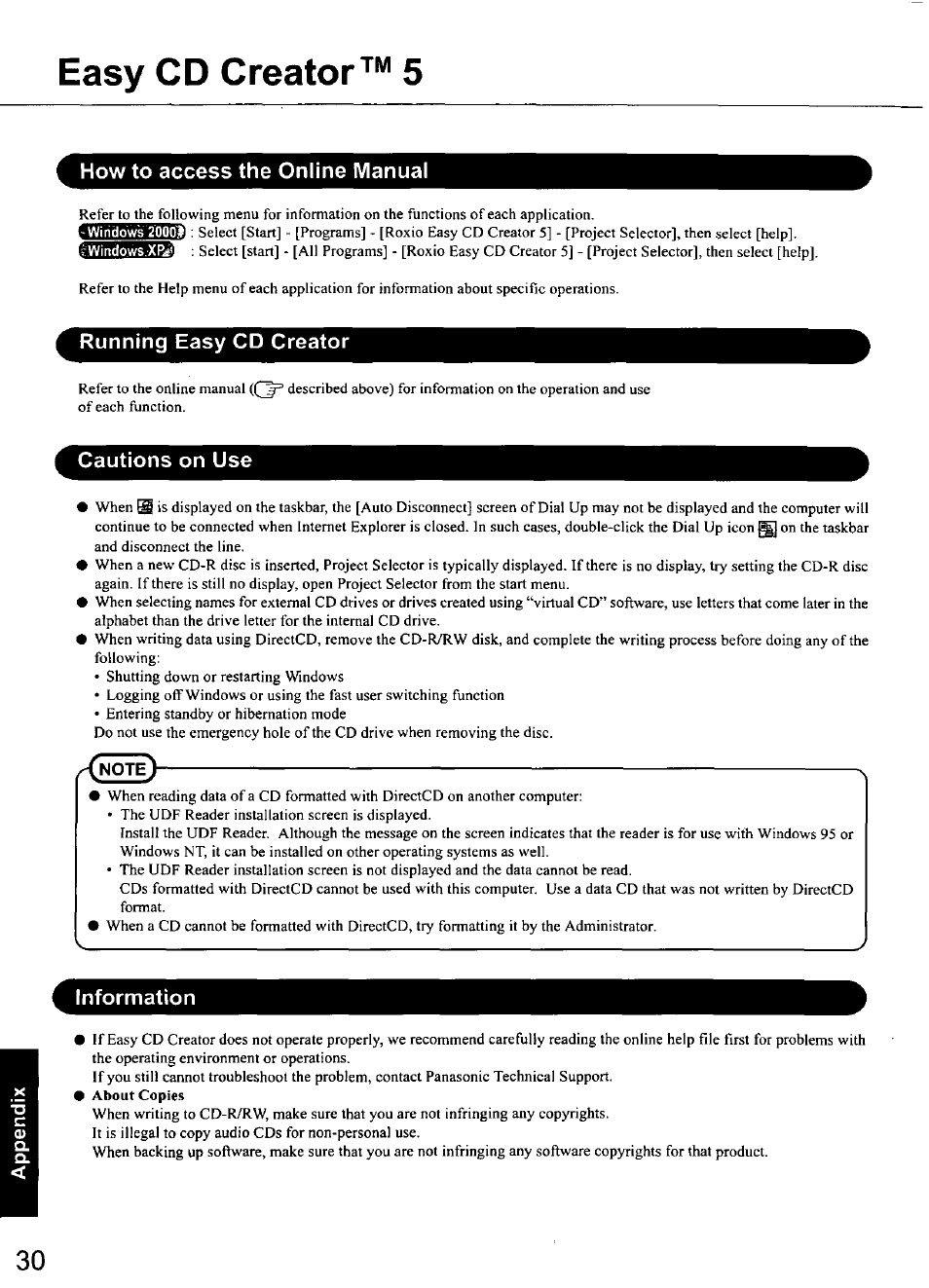 How to access the online manual, Running easy cd creator, Cautions on use | Information, Easy cd creator™ 5 | Panasonic TOUGHBOOK CF-50 User Manual | Page 30 / 40