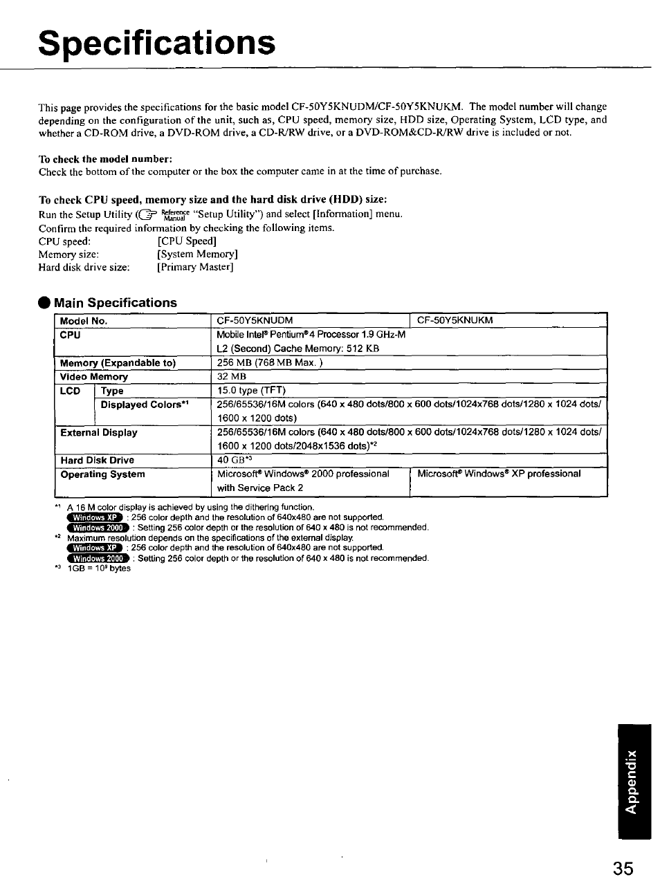 Specifications, To check the model number, Main specifications | Panasonic TOUGHBOOK CF-50 User Manual | Page 35 / 40