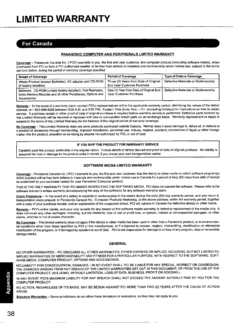 For canada, Limited warranty | Panasonic TOUGHBOOK CF-50 User Manual | Page 38 / 40
