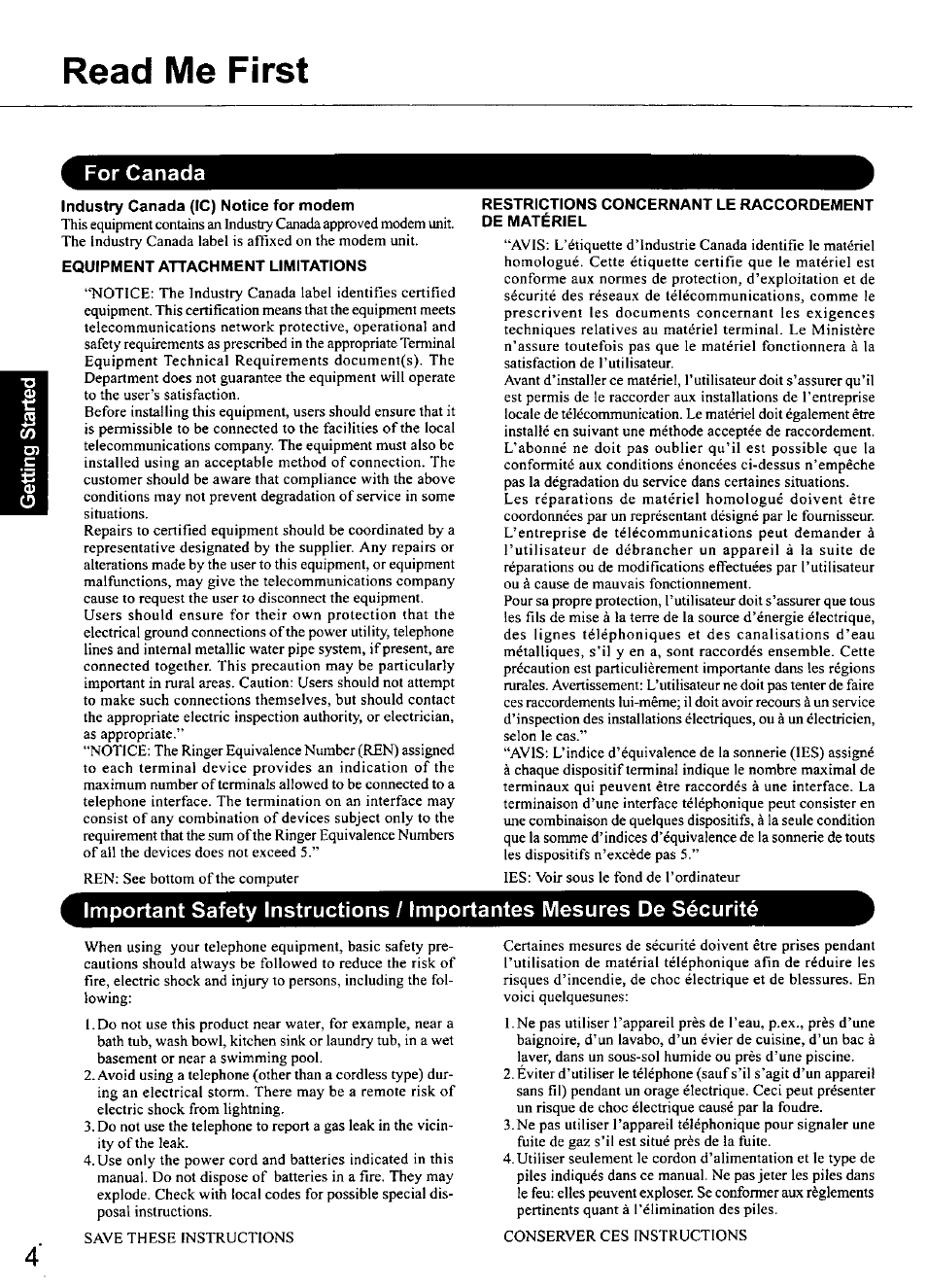 For canada, Industry canada (1c) notice for modem, Equipment attachment limitations | Read me first | Panasonic TOUGHBOOK CF-50 User Manual | Page 4 / 40