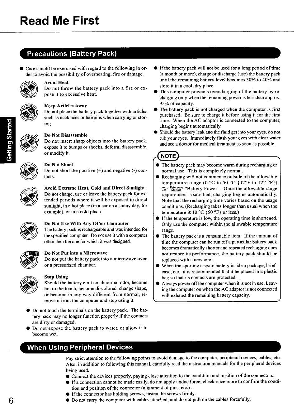 Precautions (battery pack), Avoid heat, Keep articles away | Do not disassemble, Do not short, Avoid extreme heat, cold and direct sunlight, Do not use with any other computer, Do not put into a microwave, Stop using, When using peripheral devices | Panasonic TOUGHBOOK CF-50 User Manual | Page 6 / 40