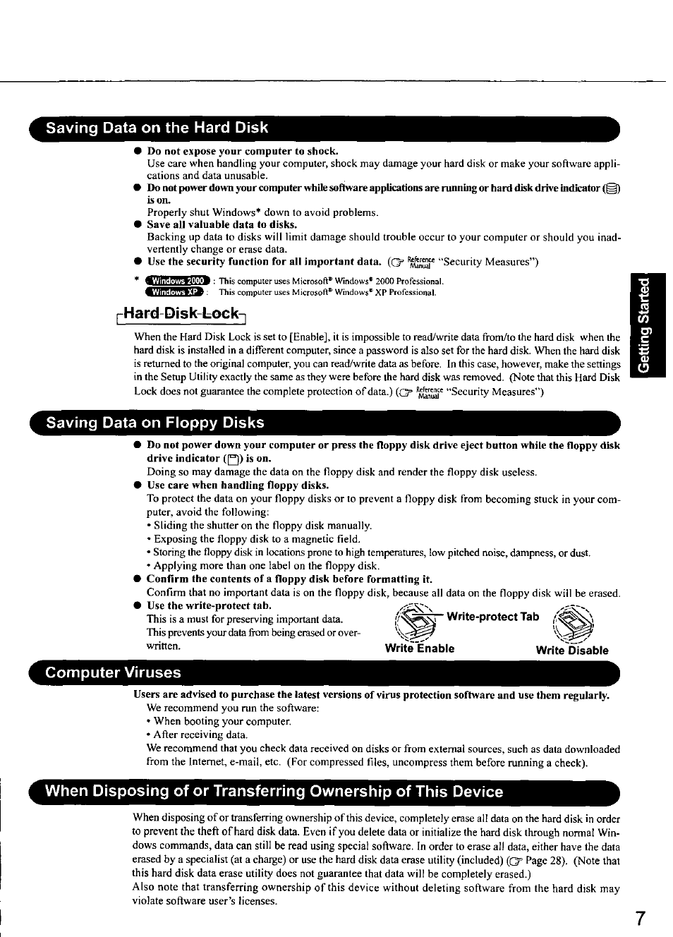Saving data on the hard disk, Do not expose your computer to shock, P-hard-disk-lock | Saving data on floppy disks, Computer viruses | Panasonic TOUGHBOOK CF-50 User Manual | Page 7 / 40