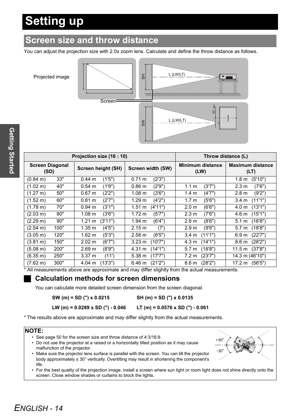 Setting up, Screen size and throw distance, Nglish - 14 | Jcalculation methods for screen dimensions, Getting started | Panasonic FW100NTU User Manual | Page 14 / 62