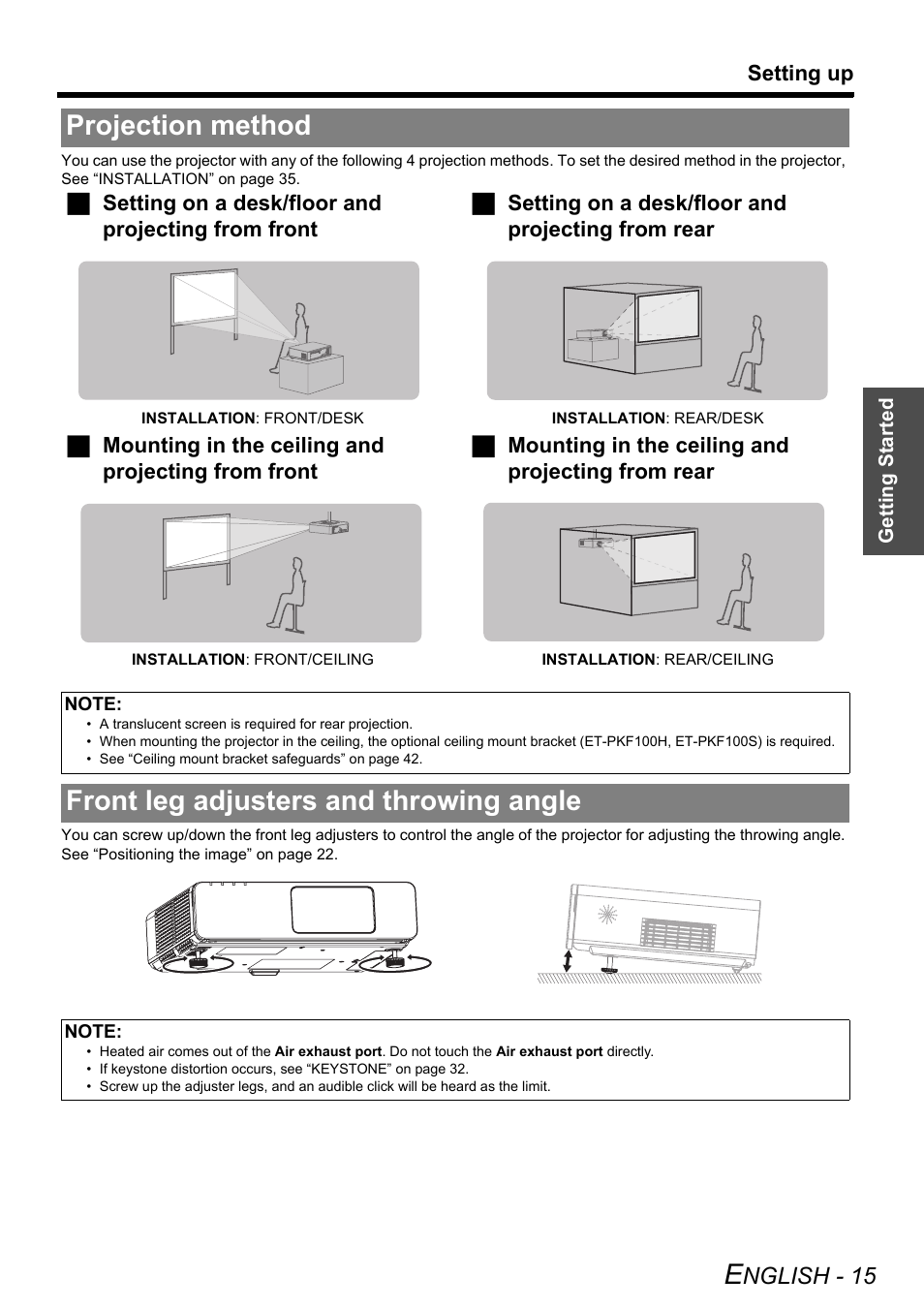 Projection method, Front leg adjusters and throwing angle, Nglish - 15 | Panasonic FW100NTU User Manual | Page 15 / 62
