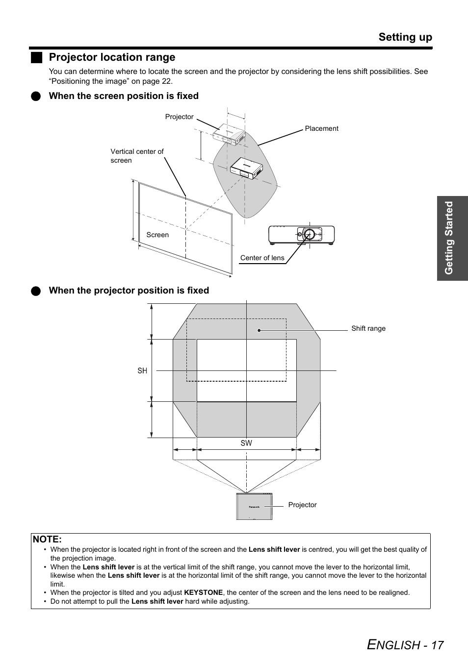 Nglish - 17, Setting up, Jprojector location range | Getting started | Panasonic FW100NTU User Manual | Page 17 / 62