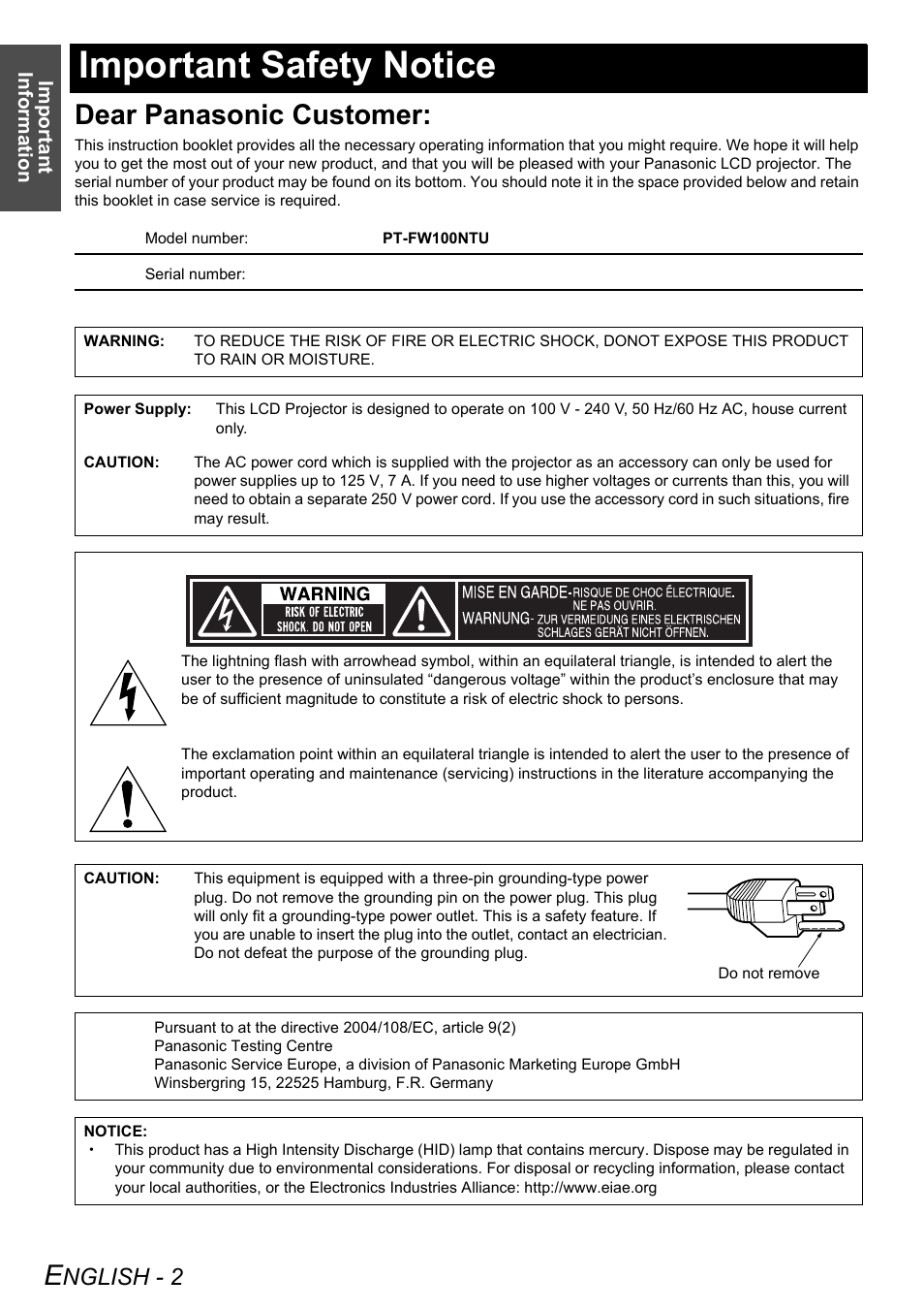 Important safety notice, Dear panasonic customer, Nglish - 2 | Panasonic FW100NTU User Manual | Page 2 / 62