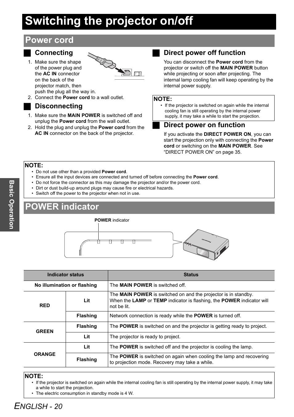 Switching the projector on/off, Power cord, Power indicator | Power cord power indicator, Nglish - 20, Jconnecting, Jdisconnecting, Jdirect power off function, Jdirect power on function | Panasonic FW100NTU User Manual | Page 20 / 62