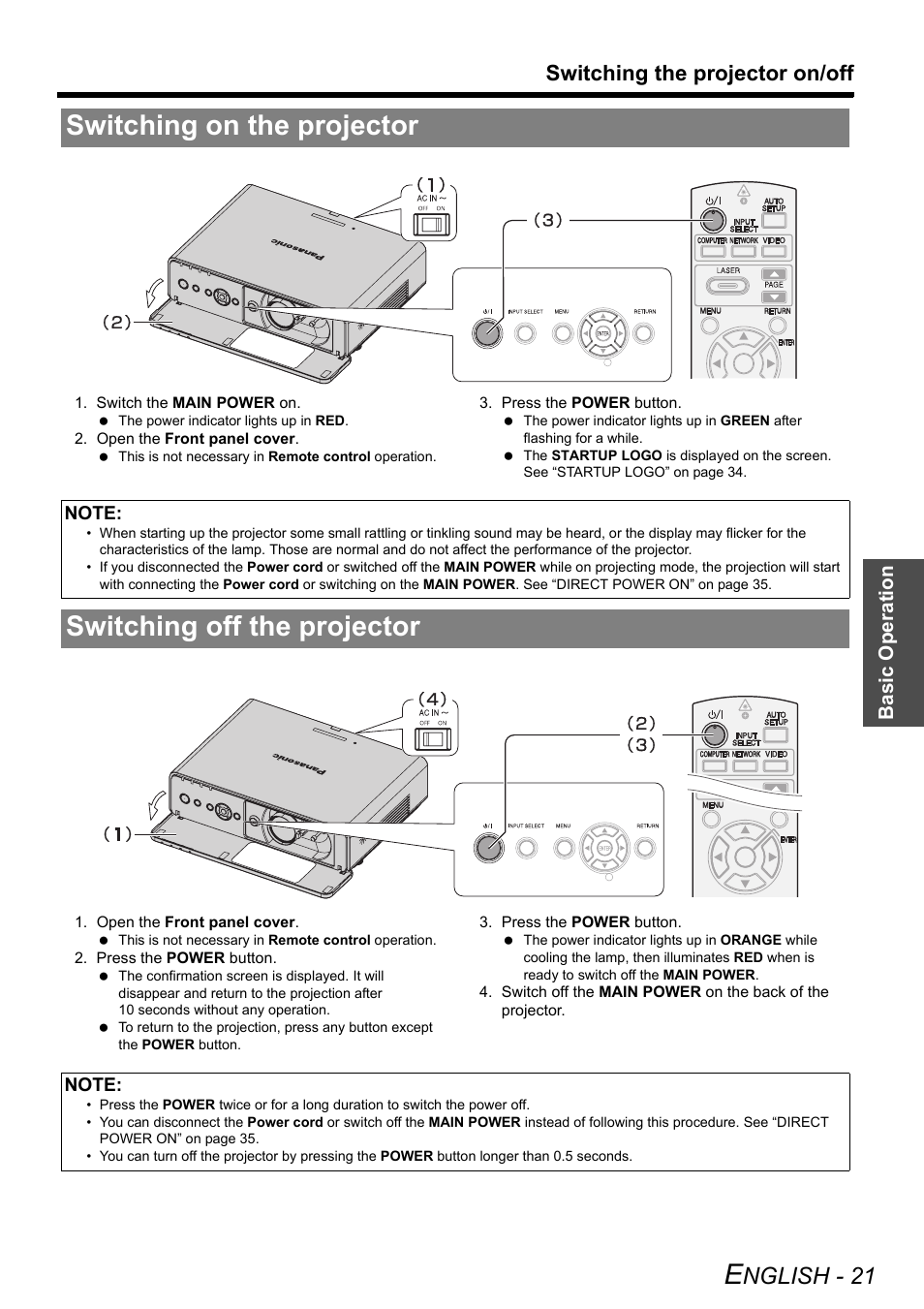 Switching on the projector, Switching off the projector, Nglish - 21 | Switching the projector on/off, Basic o peration | Panasonic FW100NTU User Manual | Page 21 / 62