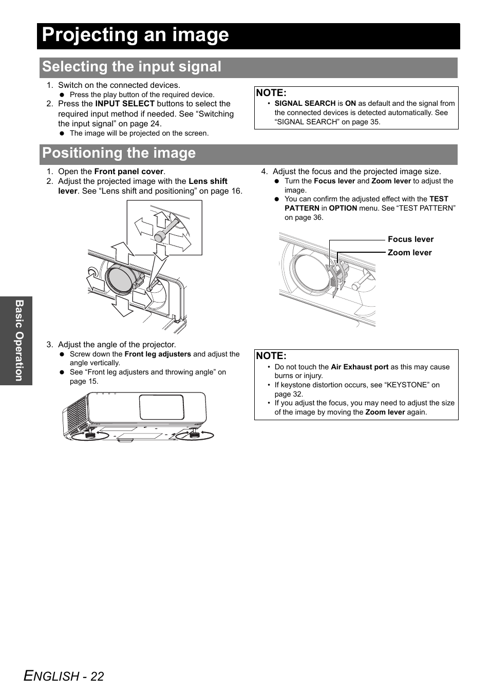 Projecting an image, Selecting the input signal, Positioning the image | Selecting the input signal positioning the image, Nglish - 22 | Panasonic FW100NTU User Manual | Page 22 / 62
