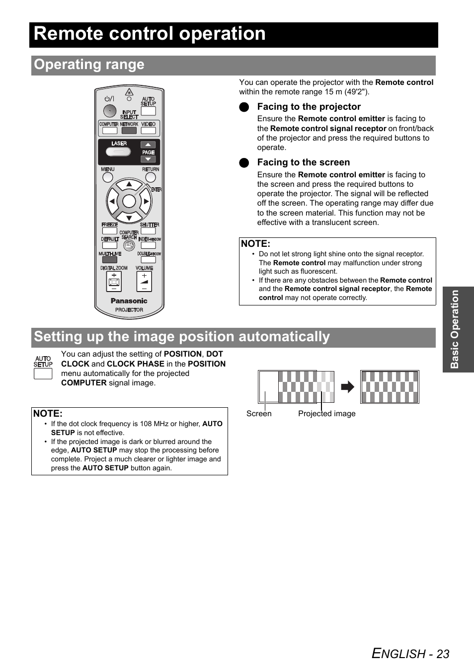 Remote control operation, Operating range, Setting up the image position automatically | Nglish - 23 | Panasonic FW100NTU User Manual | Page 23 / 62