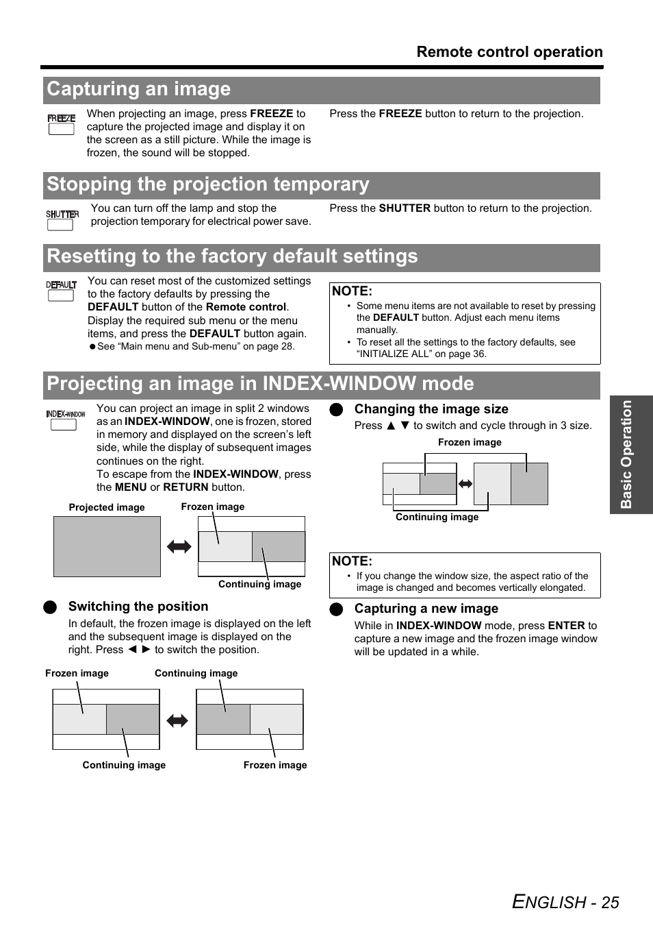 Capturing an image, Stopping the projection temporary, Resetting to the factory default settings | Projecting an image in index-window mode, Nglish - 25, Remote control operation | Panasonic FW100NTU User Manual | Page 25 / 62