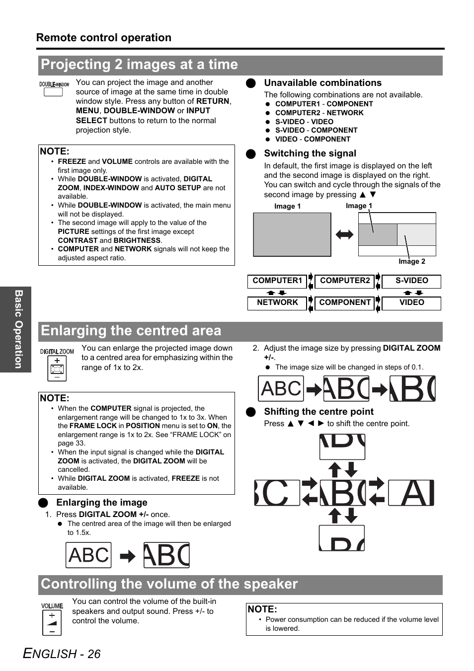 Projecting 2 images at a time, Enlarging the centred area, Controlling the volume of the speaker | Nglish - 26, Remote control operation, Basi c op eration | Panasonic FW100NTU User Manual | Page 26 / 62