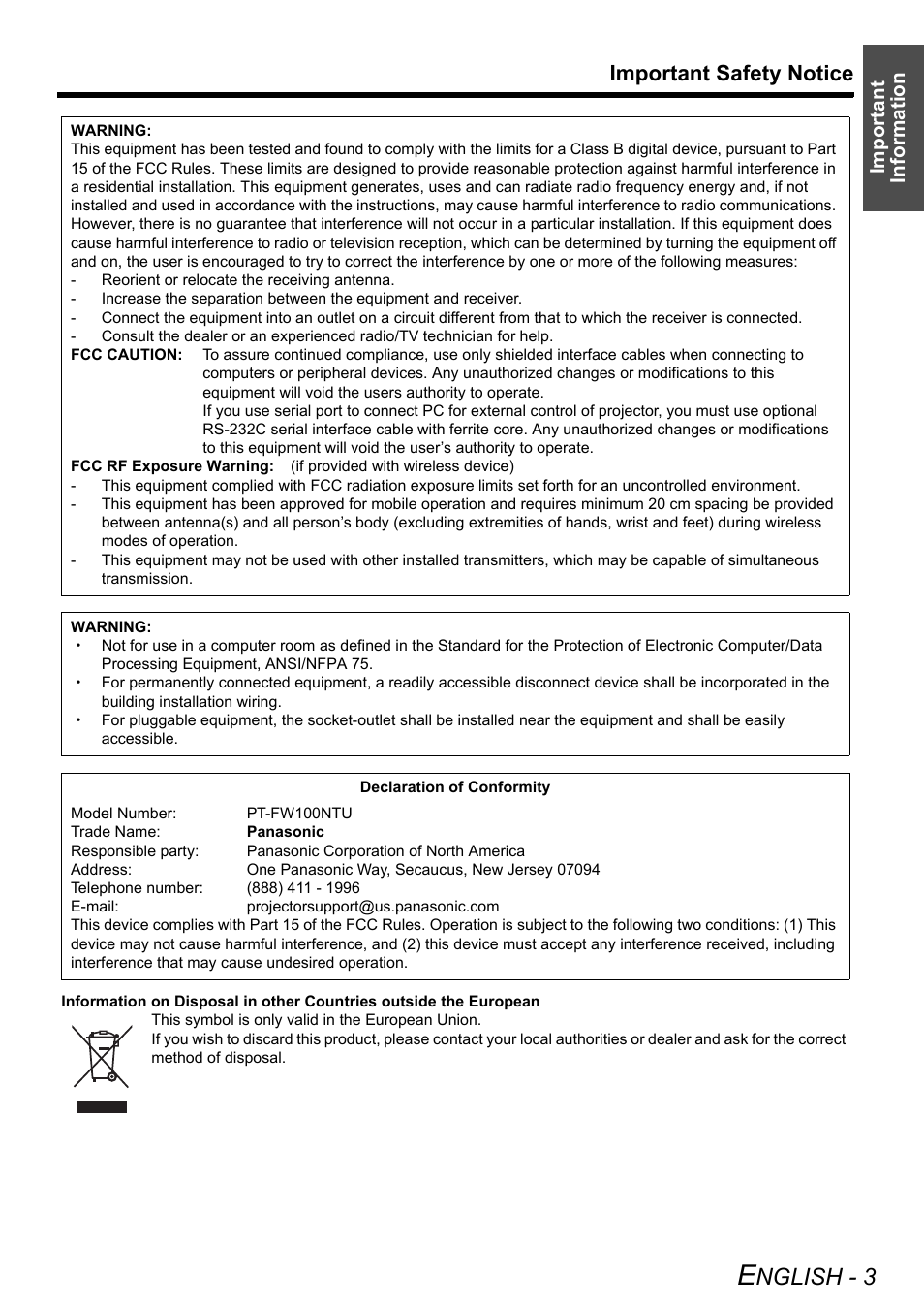 Nglish - 3, Important safety notice, Important information | Panasonic FW100NTU User Manual | Page 3 / 62