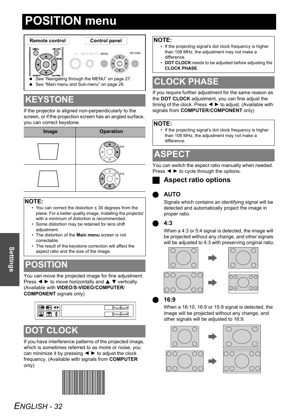 Position menu, Keystone, Position | Dot clock, Clock phase, Aspect, Keystone position dot clock clock phase aspect, Rs, see “keystone” on, Position dot clock, Nglish - 32 | Panasonic FW100NTU User Manual | Page 32 / 62