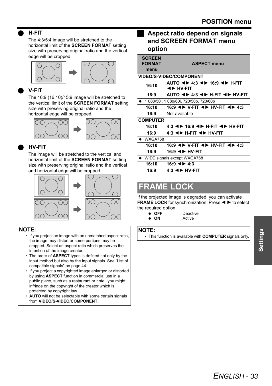Frame lock, Nglish - 33, Position menu | Settings | Panasonic FW100NTU User Manual | Page 33 / 62