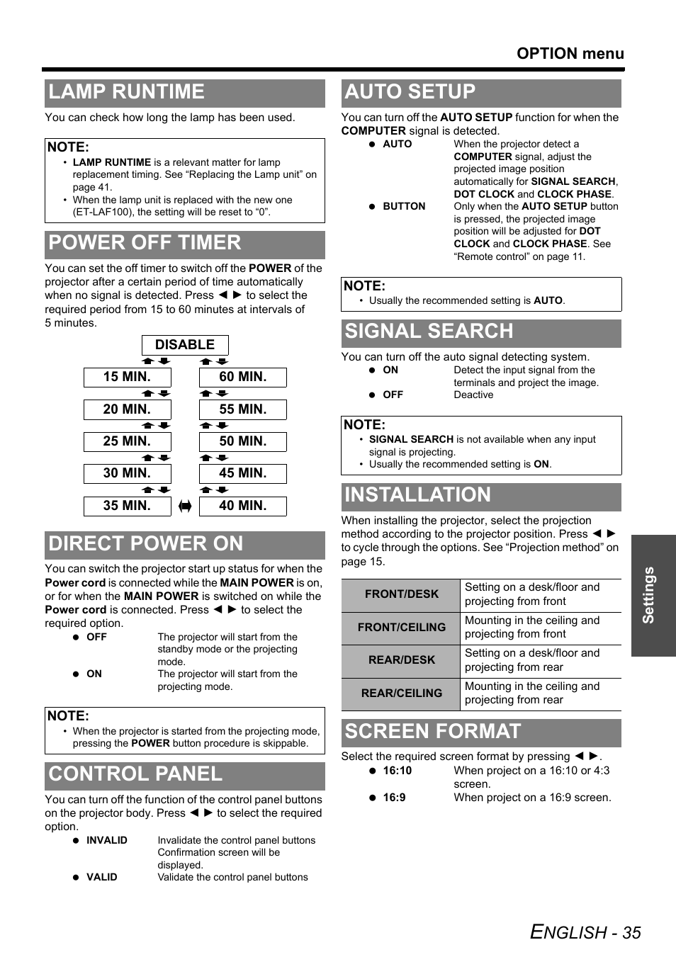 Lamp runtime, Power off timer, Direct power on | Control panel, Auto setup, Signal search, Installation, Screen format, Dure. see “direct, Power off timer direct power on | Panasonic FW100NTU User Manual | Page 35 / 62
