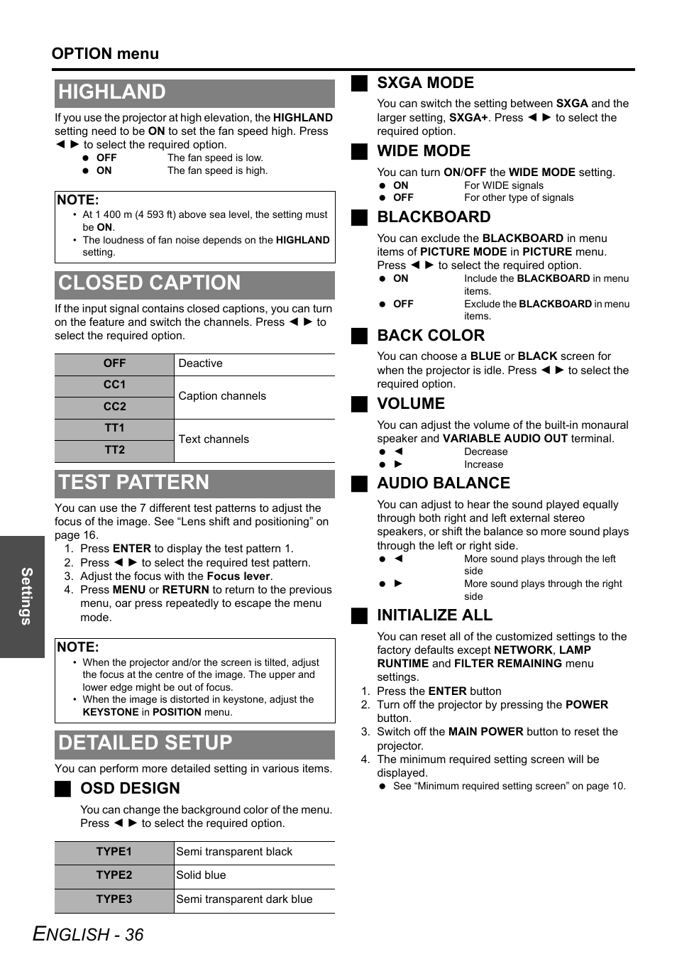 Highland, Closed caption, Test pattern | Detailed setup, Highland test pattern detailed setup, Nglish - 36, Option menu, Josd design, Jsxga mode, Jwide mode | Panasonic FW100NTU User Manual | Page 36 / 62