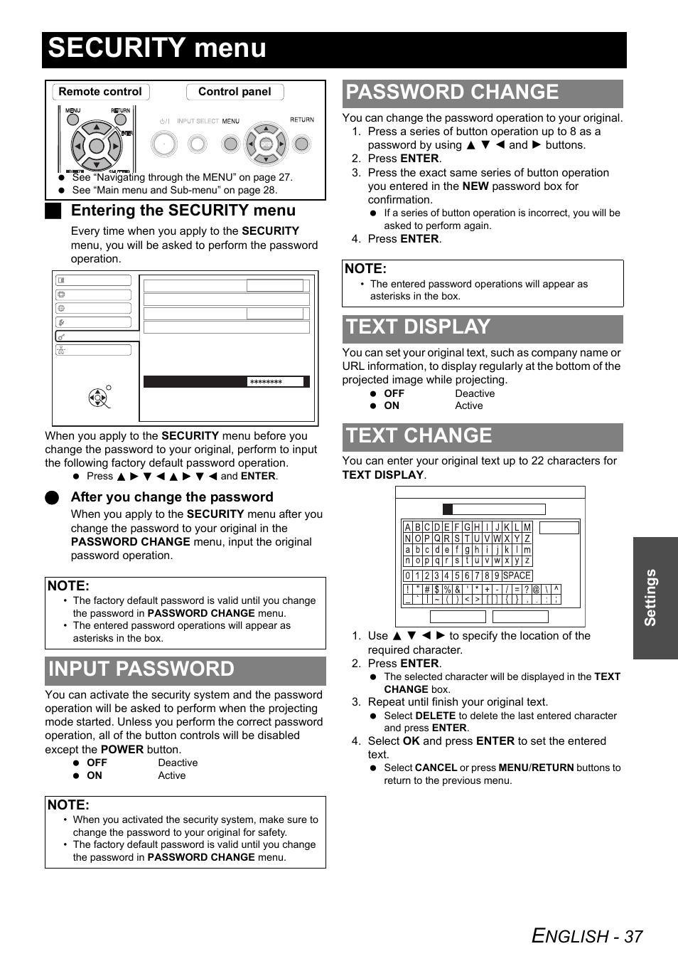 Security menu, Input password, Password change | Text display, Text change, Text display text change, Nglish - 37, Jentering the security menu, Settings, Qafter you change the password | Panasonic FW100NTU User Manual | Page 37 / 62